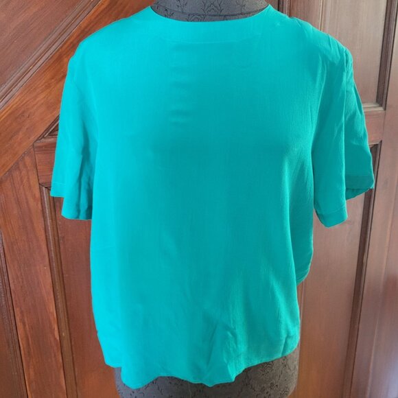 Anna & Frank Teal 100% Silk Short Sleeve Blouse Keyhole Back Size L - Picture 1 of 7